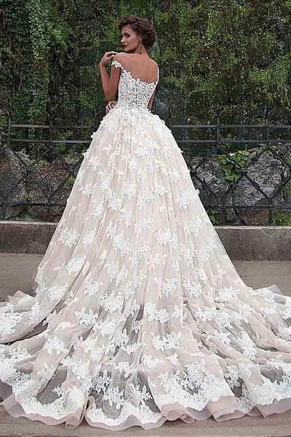 NumberSea - NumberSea Gorgeous Ball Gown Cap Sleeves Wedding Dresses With Lace Appliques, MW993