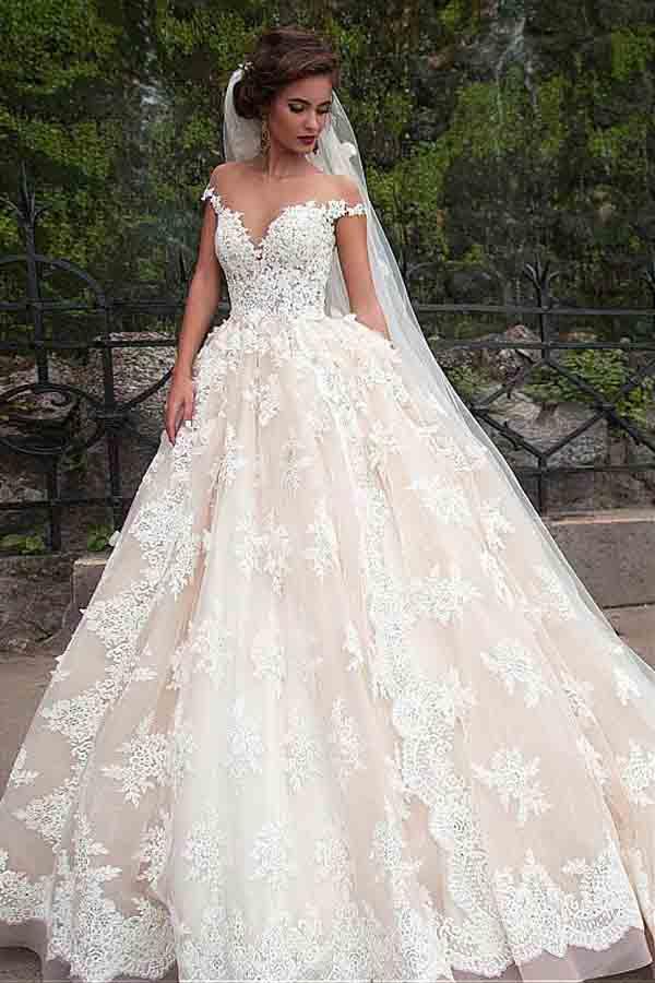 NumberSea - NumberSea Gorgeous Ball Gown Cap Sleeves Wedding Dresses With Lace Appliques, MW993