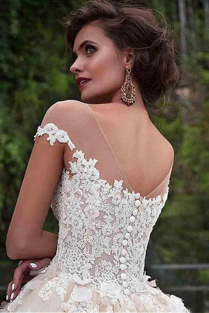 NumberSea - NumberSea Gorgeous Ball Gown Cap Sleeves Wedding Dresses With Lace Appliques, MW993