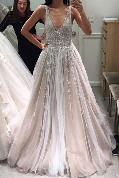 NumberSea - NumberSea Gorgeous Ball Gown V - neck Open Back Beaded Long Wedding Dresses,MW465