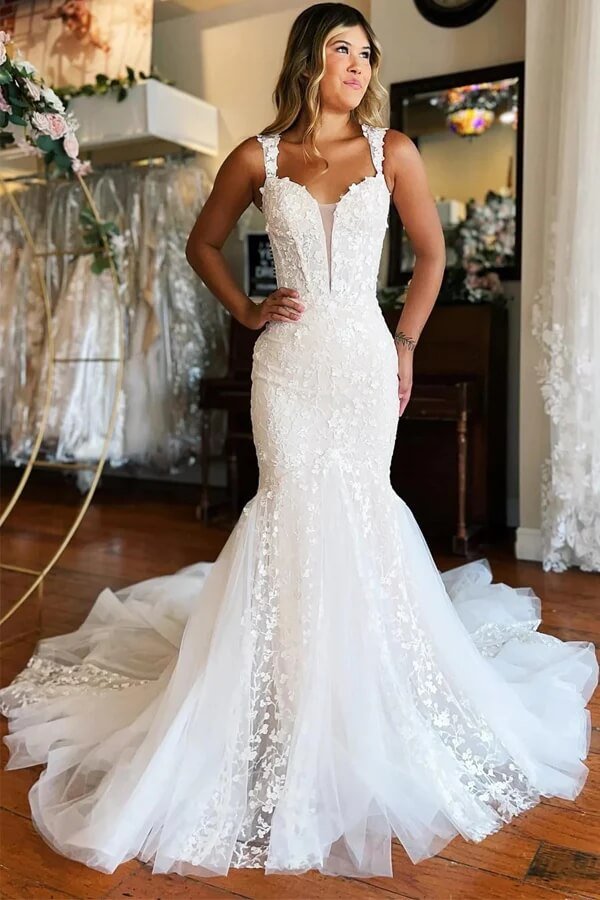 NumberSea - NumberSea Gorgeous Ivory Tulle Mermaid V - neck Lace Appliqued Wedding Dresses, MW1002