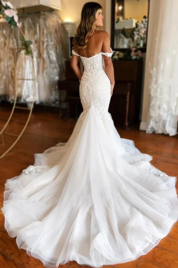 NumberSea - NumberSea Gorgeous Ivory Tulle Mermaid V - neck Lace Appliqued Wedding Dresses, MW1002