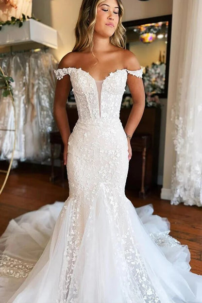 NumberSea - NumberSea Gorgeous Ivory Tulle Mermaid V - neck Lace Appliqued Wedding Dresses, MW1002