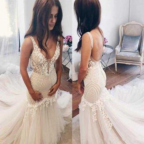 NumberSea - NumberSea Gorgeous Ivory Tulle Mermaid V - Neck Lace Sleeveless Wedding Dresses, MW156