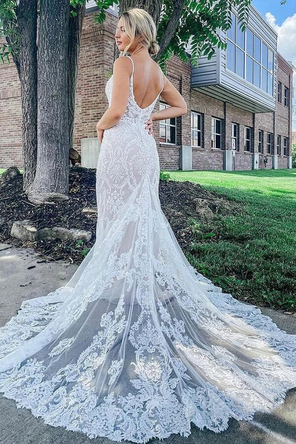 NumberSea - NumberSea Gorgeous Lace Mermaid Deep V - neck Wedding Dresses, Bridal Gowns, MW714