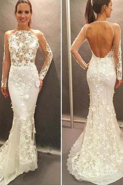 NumberSea - NumberSea Gorgeous Lace Mermaid Long Sleeve Open Back Wedding Dress Bridal Dresses, MW182