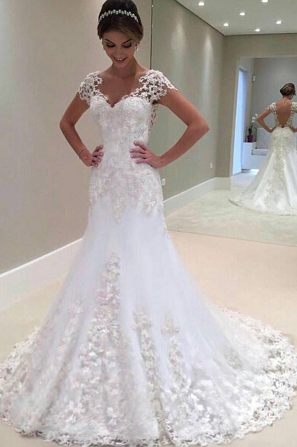 NumberSea - NumberSea Gorgeous Long Mermaid Lace Cap Sleeves Wedding Dress, Wedding Gown, MW292