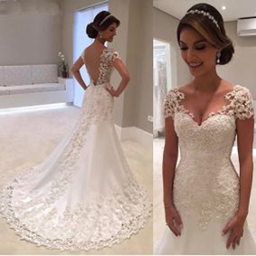 NumberSea - NumberSea Gorgeous Long Mermaid Lace Cap Sleeves Wedding Dress, Wedding Gown, MW292