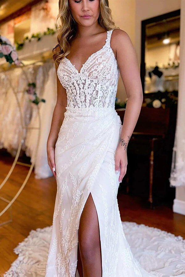 NumberSea - NumberSea Gorgeous Mermaid Backless V - neck Lace Appliques Wedding Dresses, MW1018