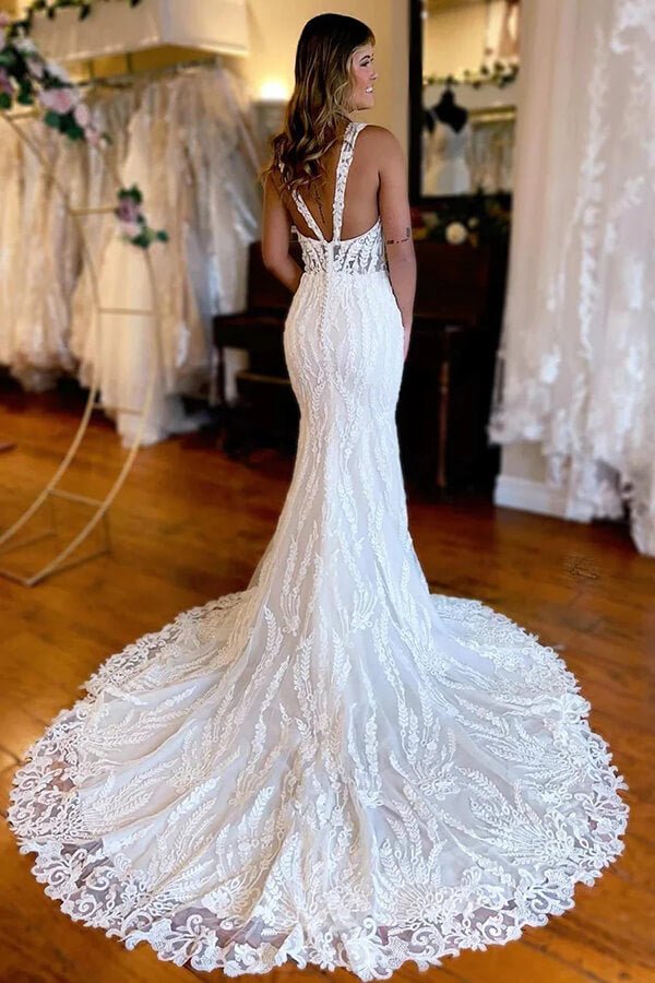 NumberSea - NumberSea Gorgeous Mermaid Backless V - neck Lace Appliques Wedding Dresses, MW1018