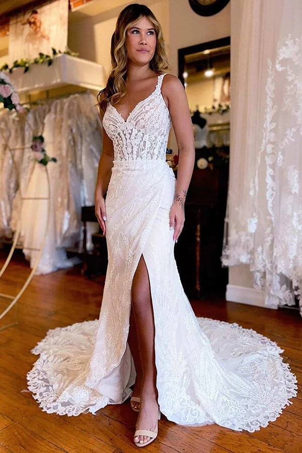 NumberSea - NumberSea Gorgeous Mermaid Backless V - neck Lace Appliques Wedding Dresses, MW1018