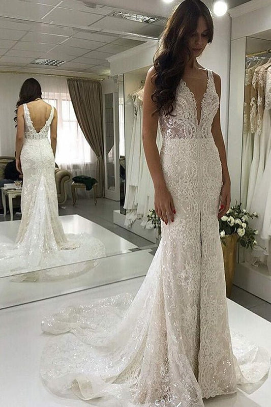 NumberSea - NumberSea Gorgeous Mermaid V - neck Lace Long Wedding Dresses,Sparkly Slit Wedding Dresses with Train,MW476