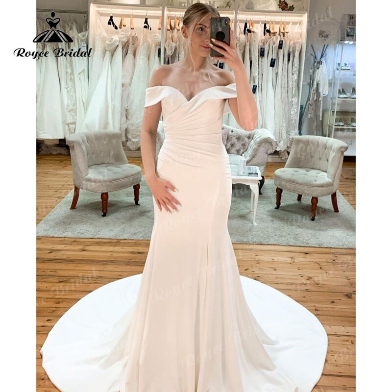 NumberSea - NumberSea Gorgeous Off the Shoulder Satin Pleats Mermaid/Trumpet Wedding Dress Cap Sleeve 2025 Simple Wedding Gowns Women vestido noiva