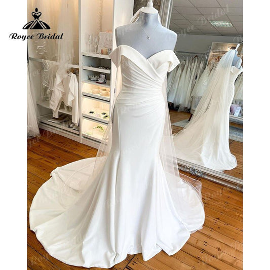 NumberSea - NumberSea Gorgeous Off the Shoulder Satin Pleats Mermaid/Trumpet Wedding Dress Cap Sleeve 2025 Simple Wedding Gowns Women vestido noiva