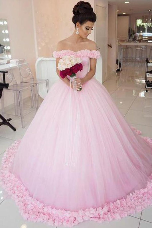 NumberSea - NumberSea Gorgeous Pink Tulle Off shoulder Ball Gown Wedding Dresses, Quinceanera Dresses, MW205