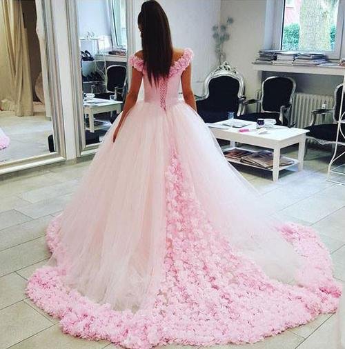 NumberSea - NumberSea Gorgeous Pink Tulle Off shoulder Ball Gown Wedding Dresses, Quinceanera Dresses, MW205