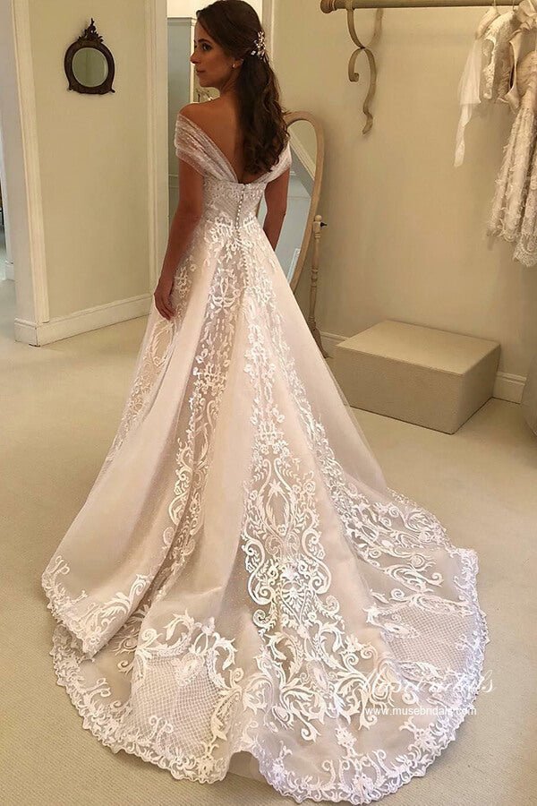 NumberSea - NumberSea Gorgeous Tulle A - line Off - the - Shoulder Lace Appliques Wedding Dresses, MW980