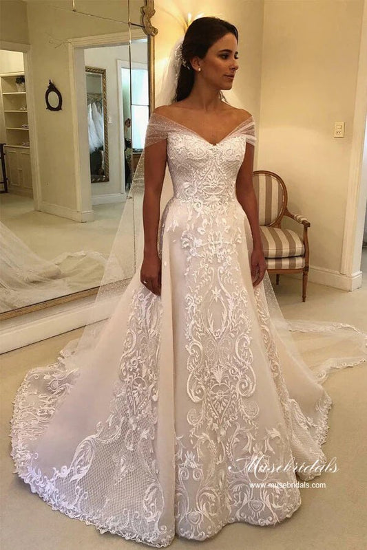 NumberSea - NumberSea Gorgeous Tulle A - line Off - the - Shoulder Lace Appliques Wedding Dresses, MW980