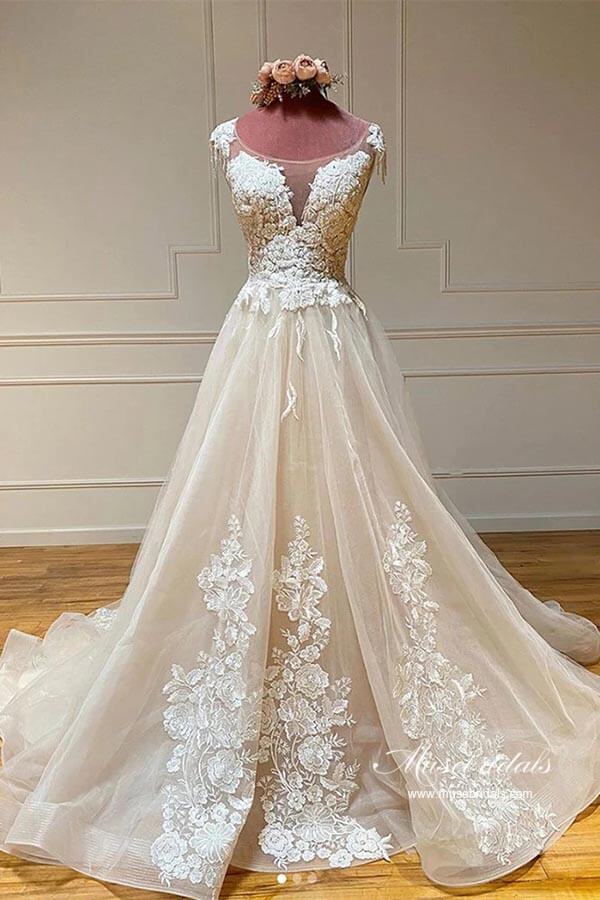 NumberSea - NumberSea Gorgeous Tulle A - line Scoop Sleeveless Lace Appliques Wedding Dresses, MW940