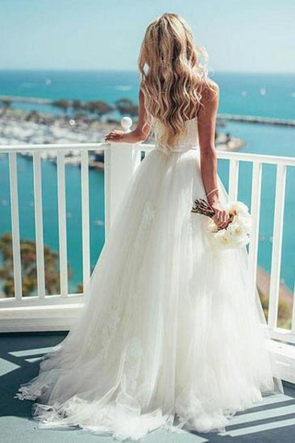 NumberSea - NumberSea Gorgeous Tulle A - line Spaghetti Straps Wedding Dress With Lace Appliques, MW115