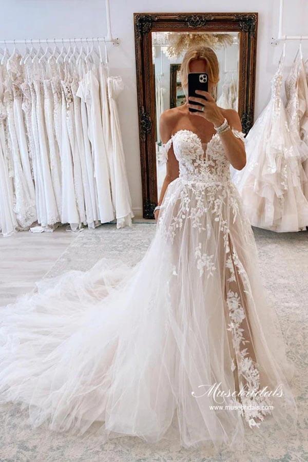 NumberSea - NumberSea Gorgeous Tulle A - line Sweetheart Neck Lace Appliques Wedding Dresses, MW950