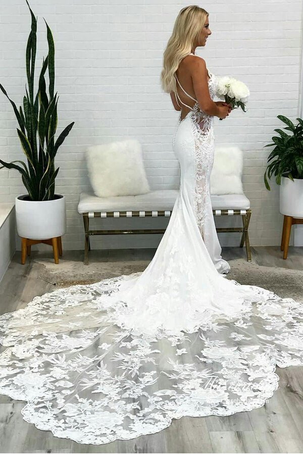 NumberSea - NumberSea Gorgeous Tulle Mermaid Deep V Neck Backless Lace Wedding Dresses, MW974