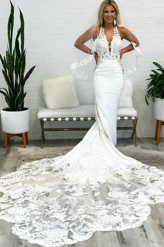 NumberSea - NumberSea Gorgeous Tulle Mermaid Deep V Neck Backless Lace Wedding Dresses, MW974