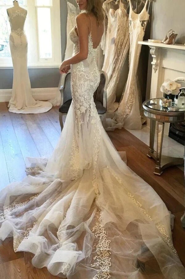 NumberSea - NumberSea Gorgeous Tulle Mermaid V - neck Wedding Dresses With Lace Appliques, MW1012