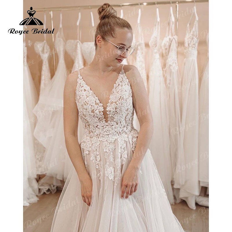 NumberSea - NumberSea Gorgeous V Neck Lace Appliques A Line Spaghetti Straps Wedding Dress Boho 2025 Robe Sweep Train Beach Bridal Gown Custom Made