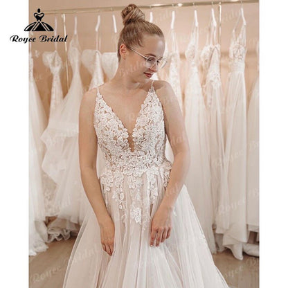 NumberSea - NumberSea Gorgeous V Neck Lace Appliques A Line Spaghetti Straps Wedding Dress Boho 2025 Robe Sweep Train Beach Bridal Gown Custom Made