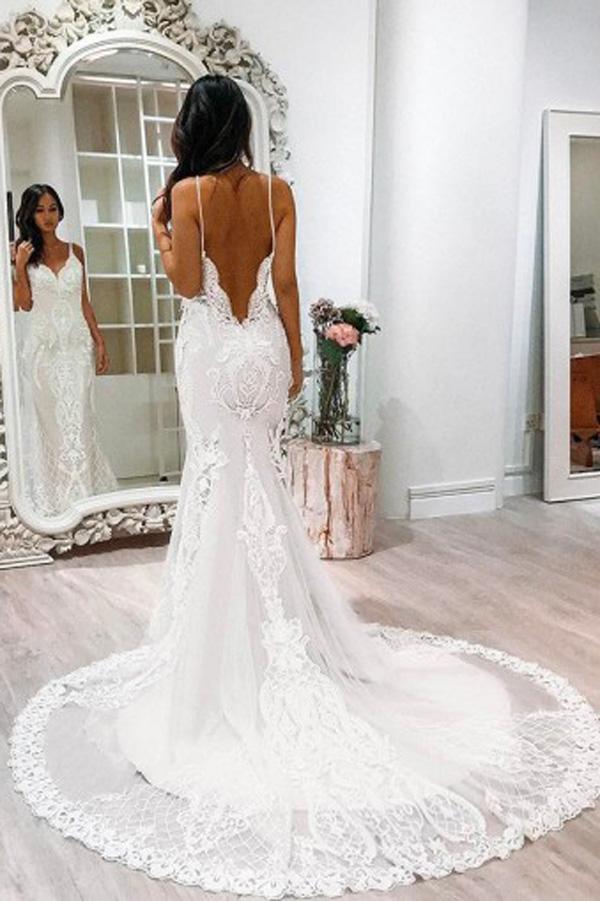 NumberSea - NumberSea Gorgeous White Spaghetti Straps Lace Tulle Mermaid Court Train Wedding Dresses, MW239