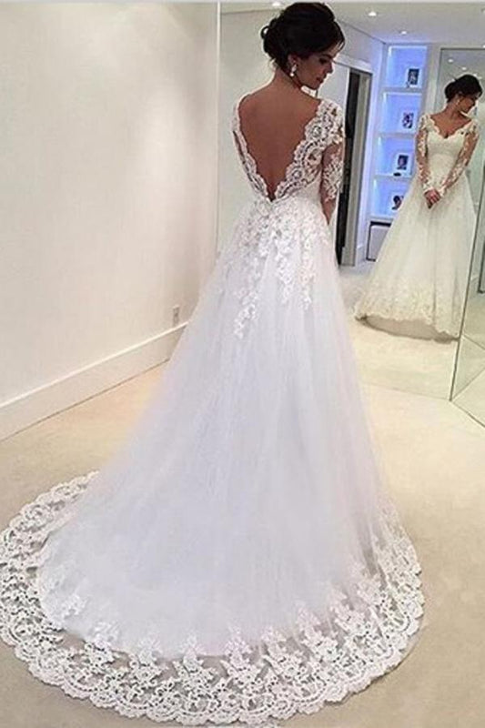 NumberSea - NumberSea Gorgeous White V - neck Open Back Long Sleeves Lace Appliques Wedding Dress, MW158