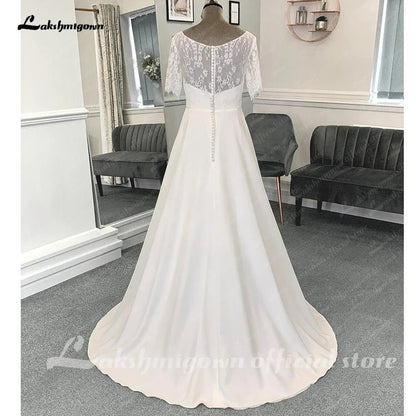 NumberSea - NumberSea Half Sleeves Lace Formal Wedding Dresses Floor Length A - Line Satin With Pleats 2025 Bridal Gowns