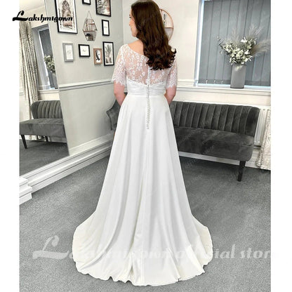 NumberSea - NumberSea Half Sleeves Lace Formal Wedding Dresses Floor Length A - Line Satin With Pleats 2025 Bridal Gowns