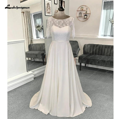 NumberSea - NumberSea Half Sleeves Lace Formal Wedding Dresses Floor Length A - Line Satin With Pleats 2025 Bridal Gowns