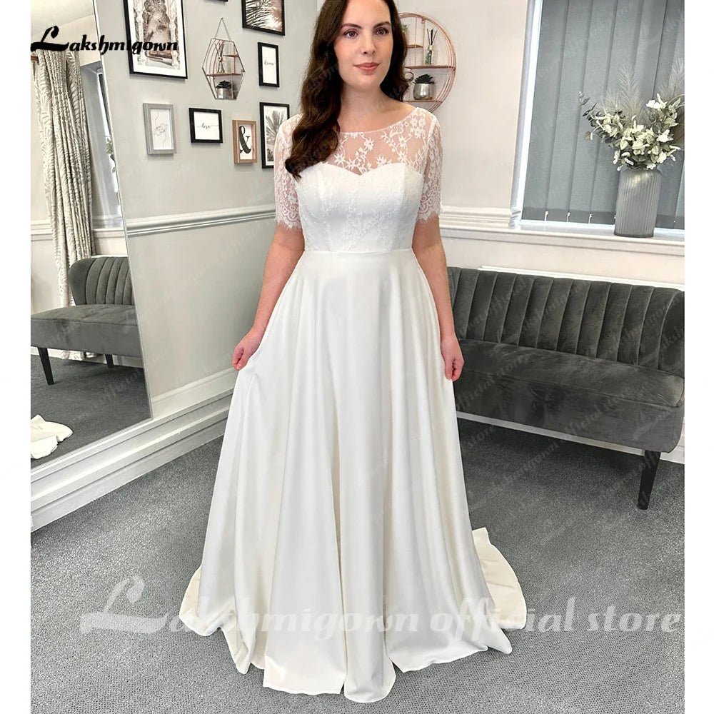 NumberSea - NumberSea Half Sleeves Lace Formal Wedding Dresses Floor Length A - Line Satin With Pleats 2025 Bridal Gowns