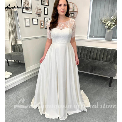 NumberSea - NumberSea Half Sleeves Lace Formal Wedding Dresses Floor Length A - Line Satin With Pleats 2025 Bridal Gowns