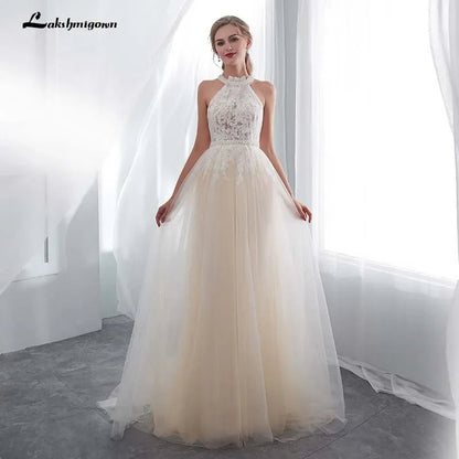 NumberSea - NumberSea Hater Neck Beach Bridal Dress Vestido De Noiva Light Perals Sleeveless Simple Tulle Wedding Dress