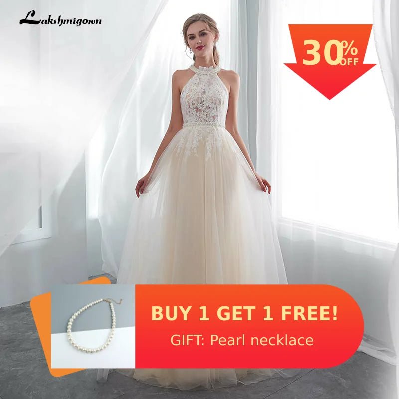 NumberSea - NumberSea Hater Neck Beach Bridal Dress Vestido De Noiva Light Perals Sleeveless Simple Tulle Wedding Dress