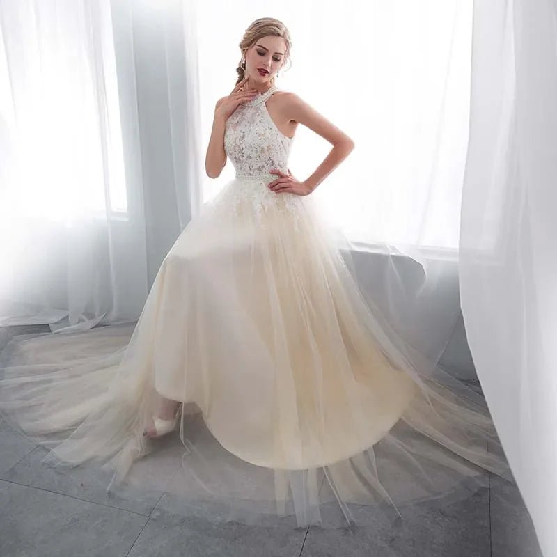 NumberSea - NumberSea Hater Neck Beach Bridal Dress Vestido De Noiva Light Perals Sleeveless Simple Tulle Wedding Dress