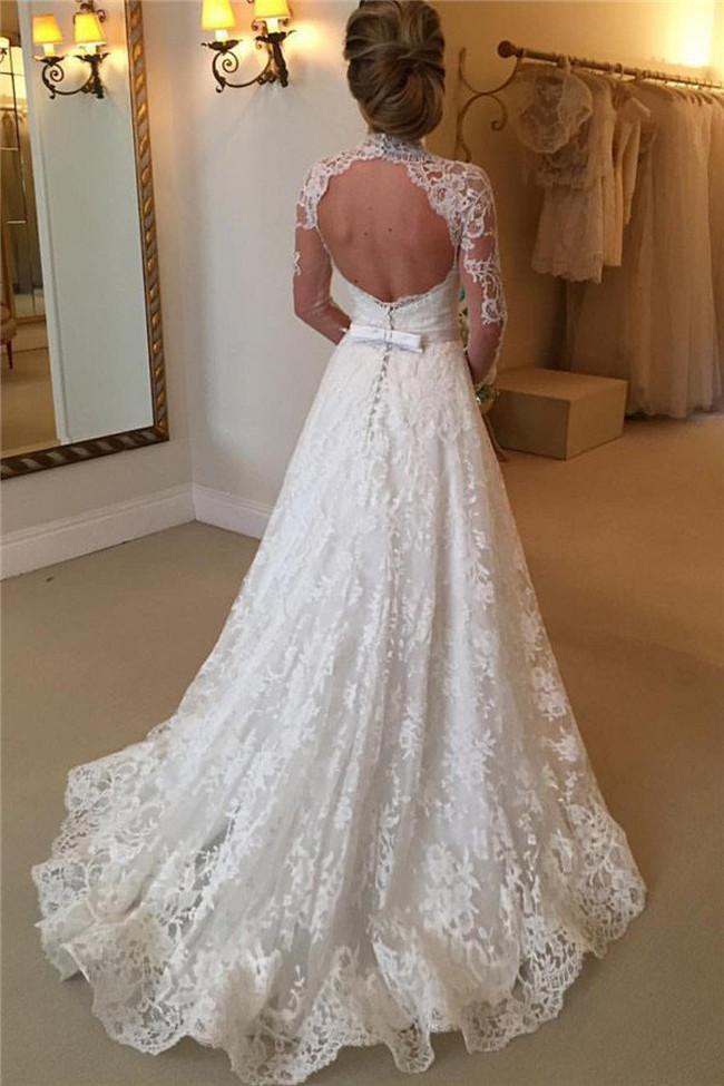 NumberSea - NumberSea High Neckline Lace A line Long Sleeve Open Back Wedding Dress, Bridal Dresses, MW166