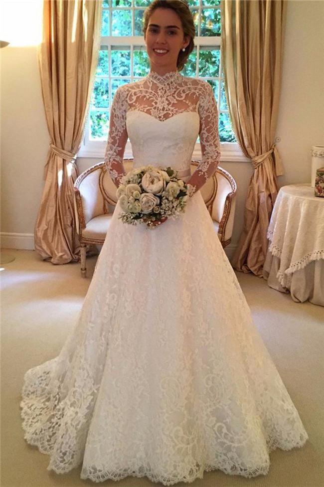 NumberSea - NumberSea High Neckline Lace A line Long Sleeve Open Back Wedding Dress, Bridal Dresses, MW166