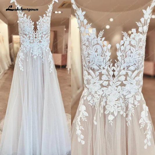 NumberSea - NumberSea Illusion Wedding Dress Sleeveless Backless O - Neck Bride Dress See Through Appliques Formal Robe de marie