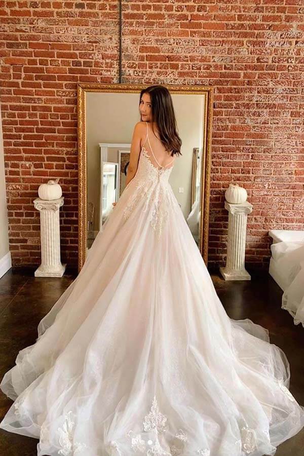 NumberSea - NumberSea Ivory A - line Tulle Lace V - neck Spaghetti Straps Long Wedding Dresses, MW709