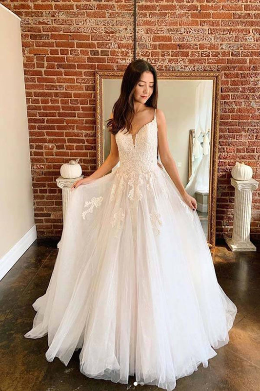 NumberSea - NumberSea Ivory A - line Tulle Lace V - neck Spaghetti Straps Long Wedding Dresses, MW709