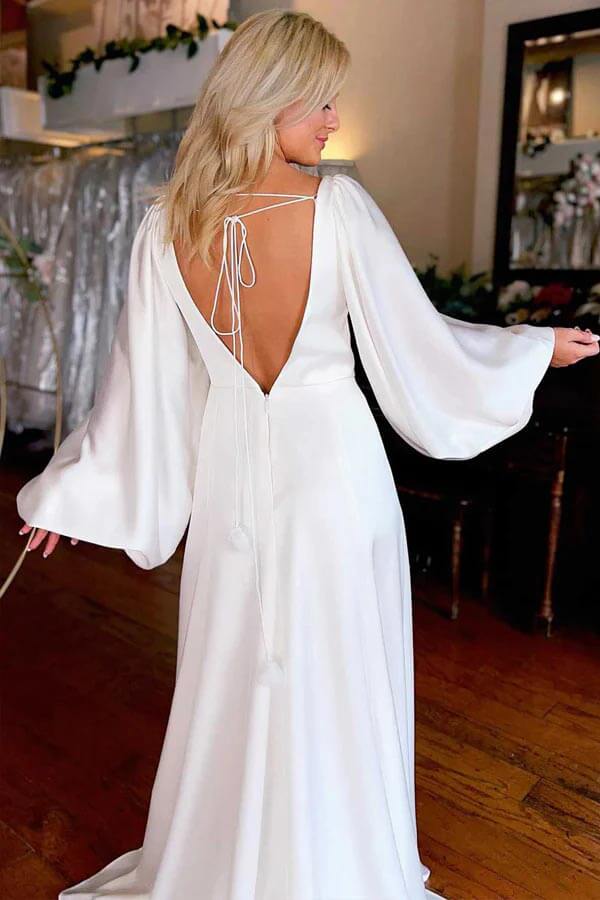 NumberSea - NumberSea Ivory A - line V - neck Long Sleeves Simple Wedding Dresses With Slit, MW1019