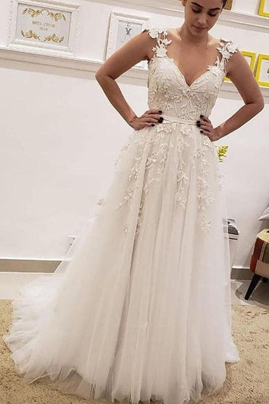 NumberSea - NumberSea Ivory A - line V - neck Wedding Dresses With Lace Appliques, Bridal Gown, MW925