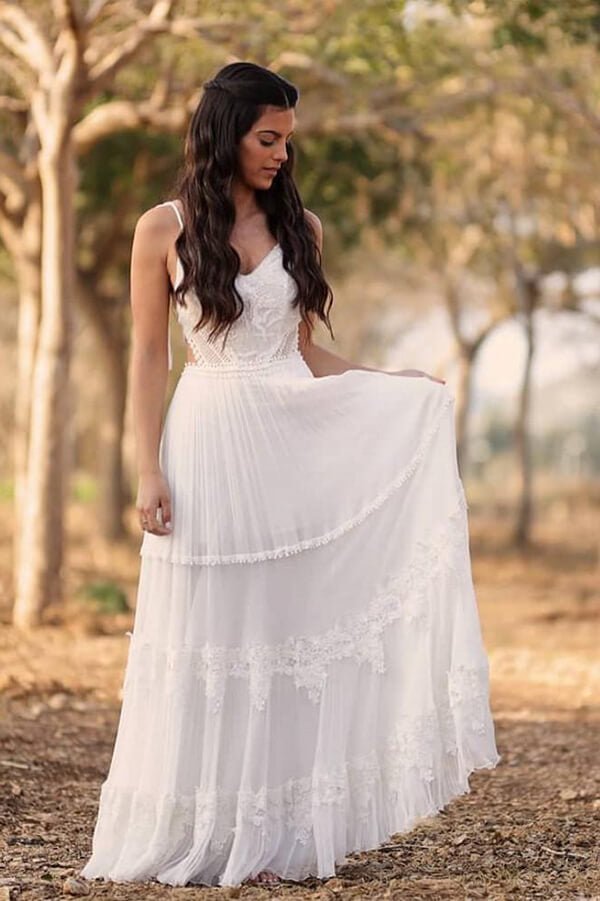 NumberSea - NumberSea Ivory Chiffon A - line V - neck lace Beach Wedding Dresses, Bridal gown, MW679