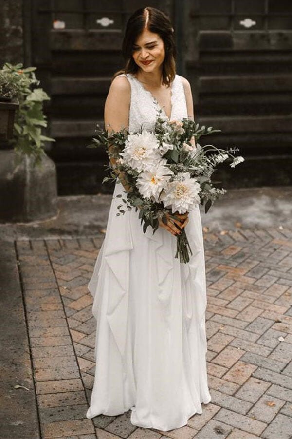 NumberSea - NumberSea Ivory Chiffon Backless A - line V - neck Lace Wedding Dresses, Bridal Gown, MW668