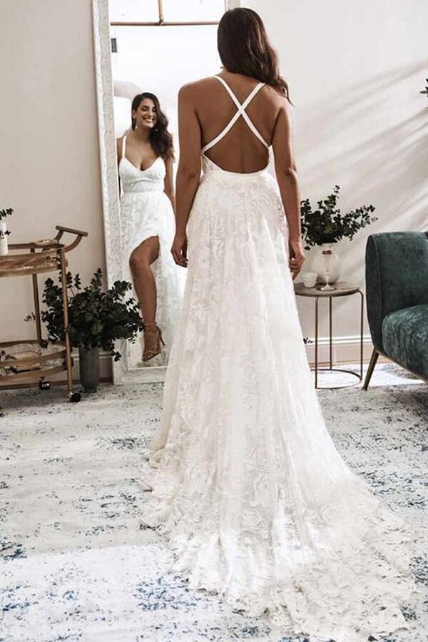 NumberSea - NumberSea Ivory Lace A - line V - neck Cross Back Wedding Dresses with High Slit, MW550